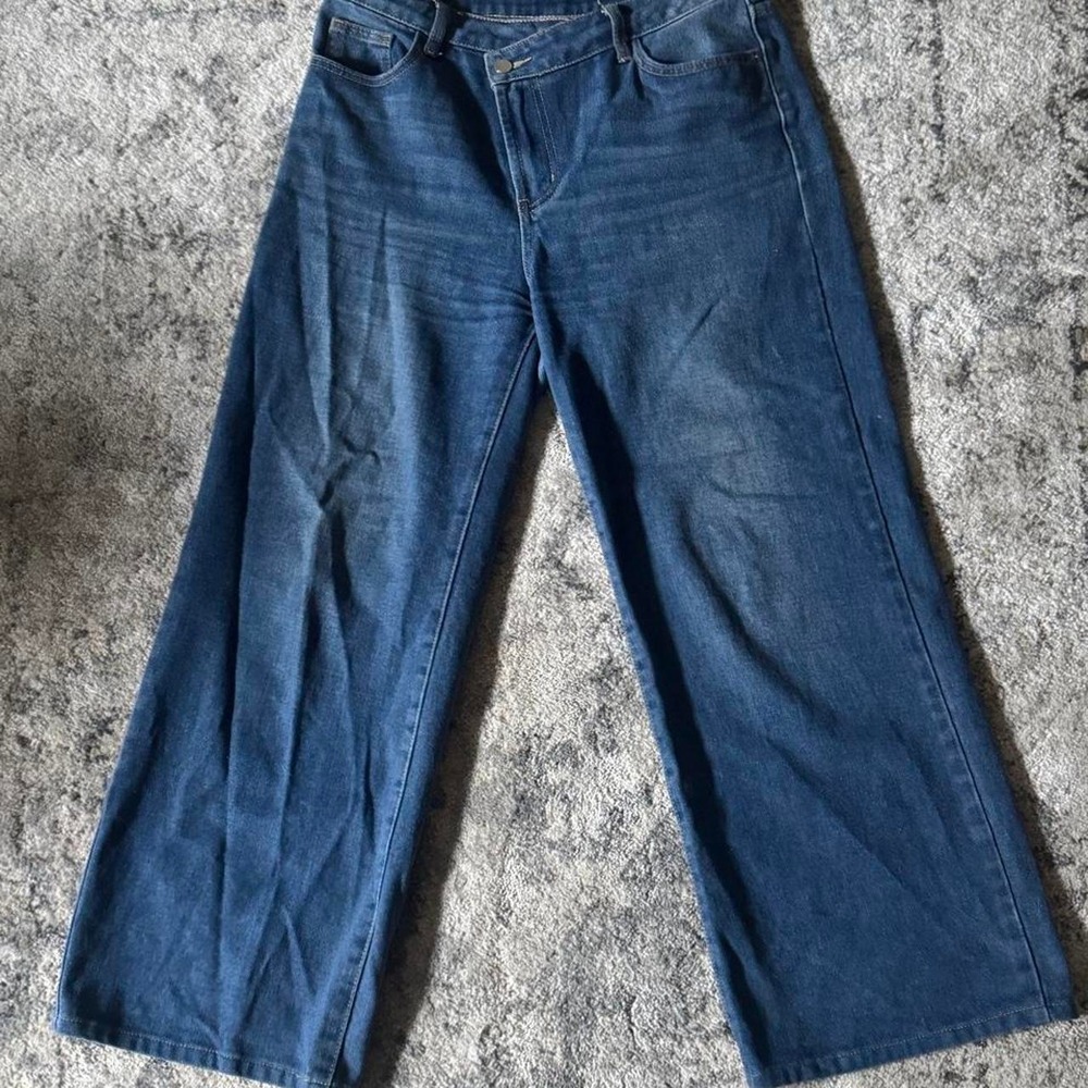 Cider Blue Crossover Asymmetrical Wide Leg Jeans Mid Rise Denim L
